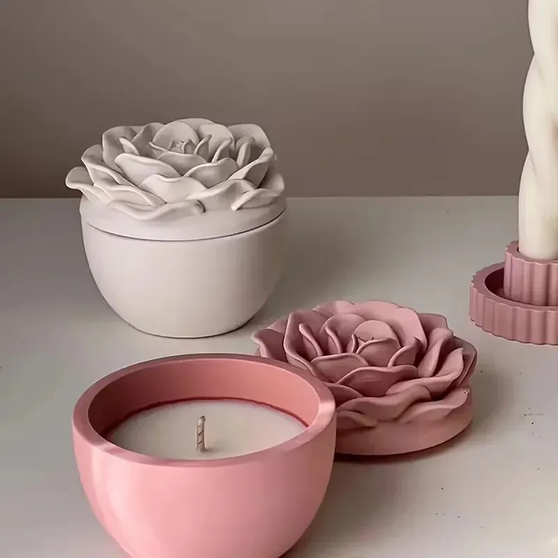 Candle Making Jars With Lids - Hochwertige 3D-Rosenblüten-Kerzenhalter-Silikonform mit Deckel, Pfingstrosen-Schmuckaufbewahrungsbox, Bastelzubehör
