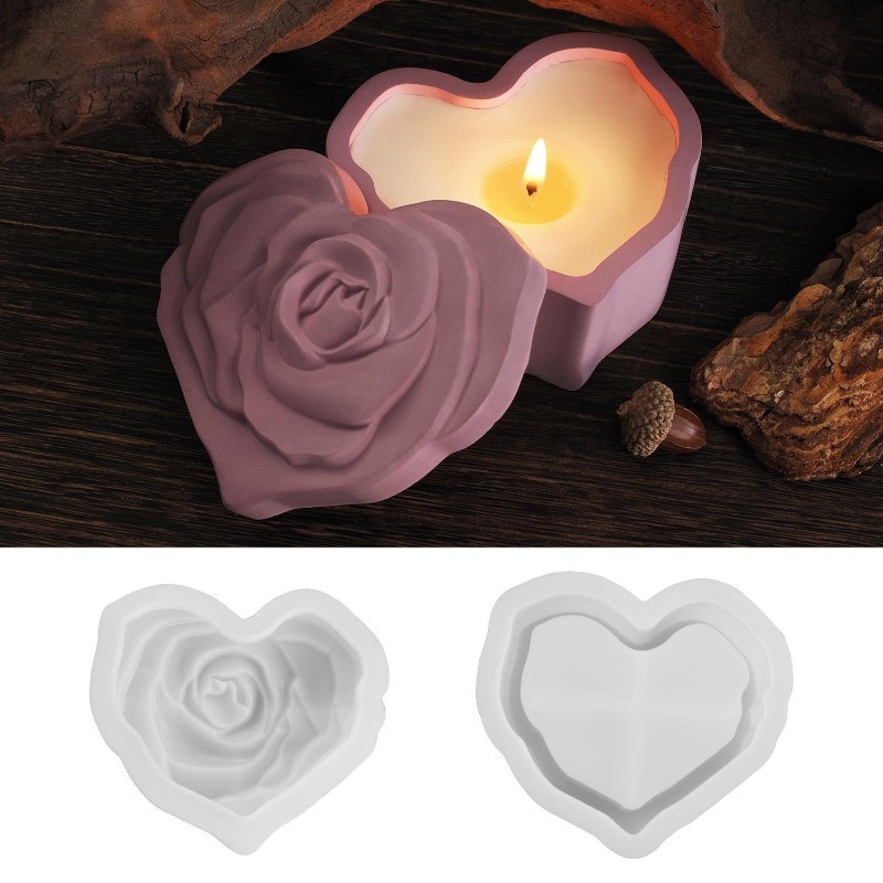 Candle Making Jars With Lids - Herzförmige Rosen-Silikonform mit Deckel, 3D-geschnitzte Kerzenglasform