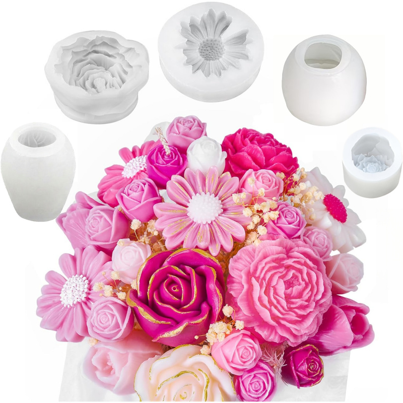 Candle Making Kit - 5-teiliges Blumen-Kerzenformen-Set, 3D-Blumen-Silikon-Kerzenform, zur Kerzenherstellung, Gänseblümchen-,