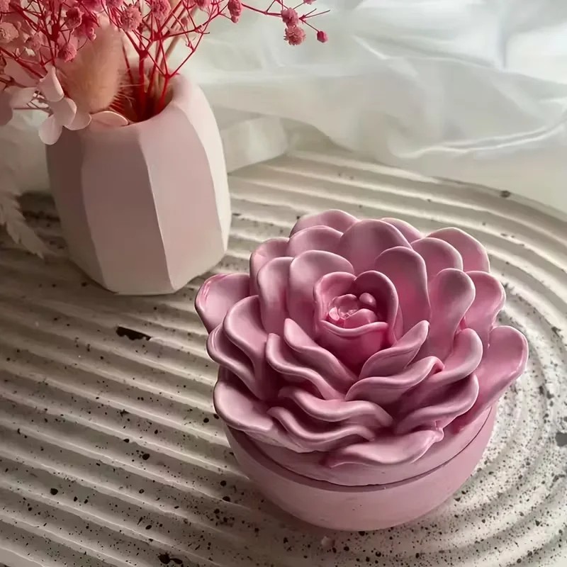Candle Making Jars With Lids - Hochwertige 3D-Rosenblüten-Kerzenglas-Silikonform mit Deckel, Pfingstrosen-Schmuckaufbewahrungsbox, Bastelbedarf,
